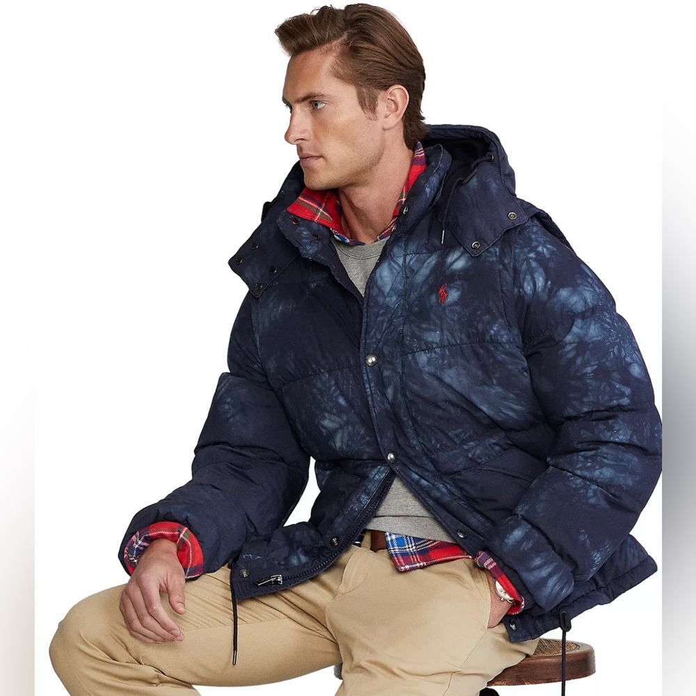 🆕Polo Ralph Lauren Boulder Puffer Jacket removable hood/sleeve Navy Tie-Dye M